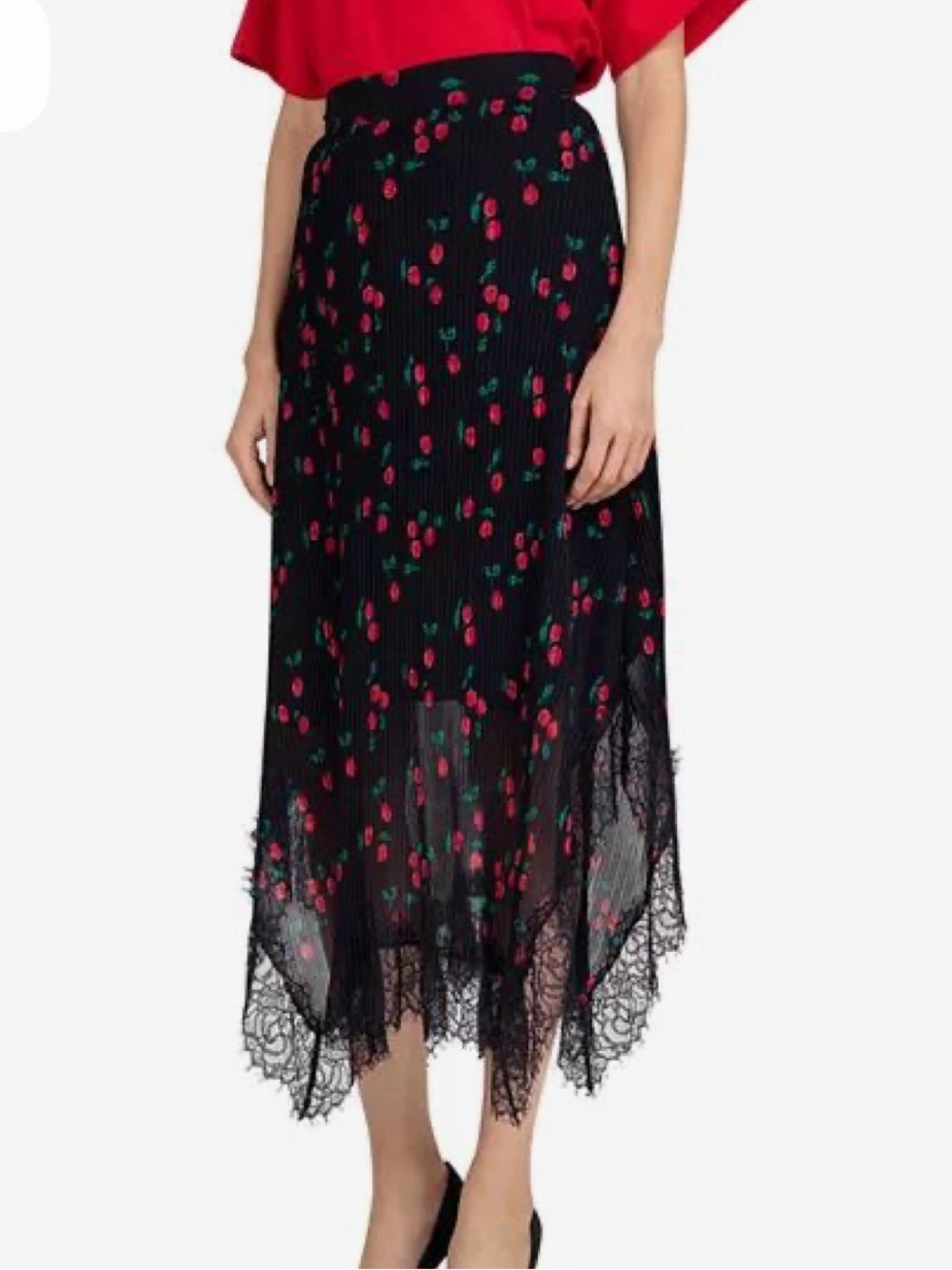 The Kooples Black Midi Skirt with Cherry Print and Lace Hem